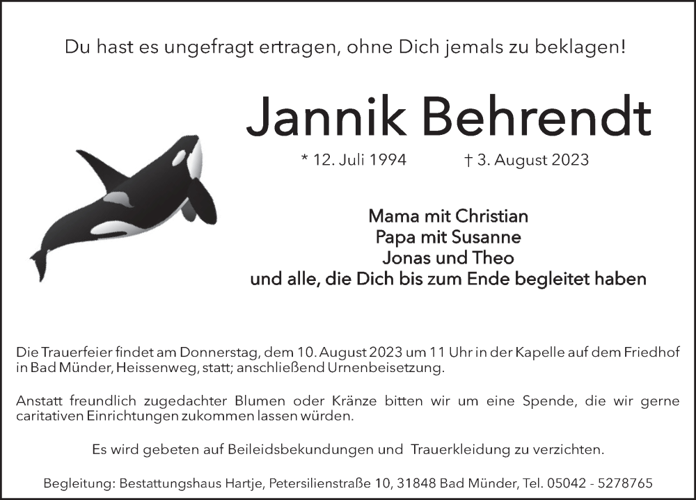  Traueranzeige für Jannik Behrendt vom 08.08.2023 aus Neue Deister-Zeitung