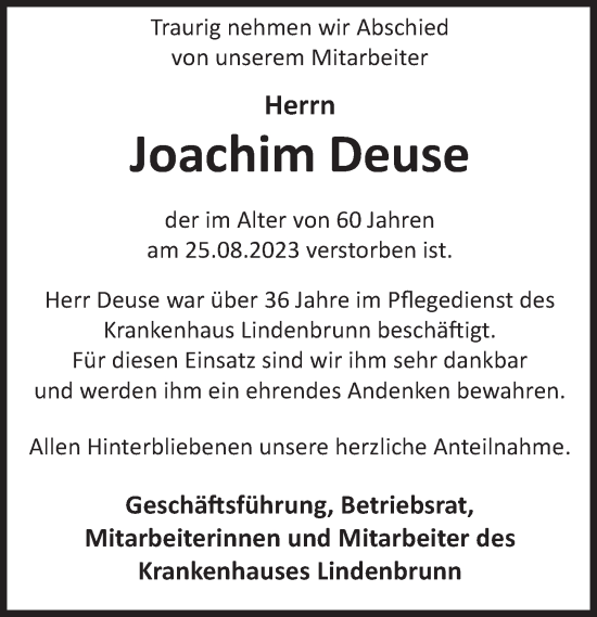 Traueranzeige von Joachim Deuse von Deister- und Weserzeitung