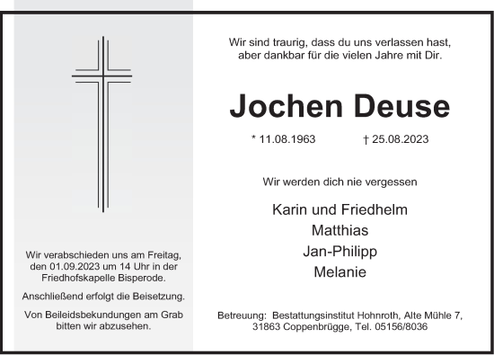 Traueranzeige von Jochen Deuse von Deister- und Weserzeitung