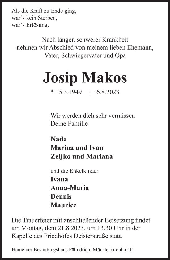 Traueranzeige von Josip Makos von Deister- und Weserzeitung