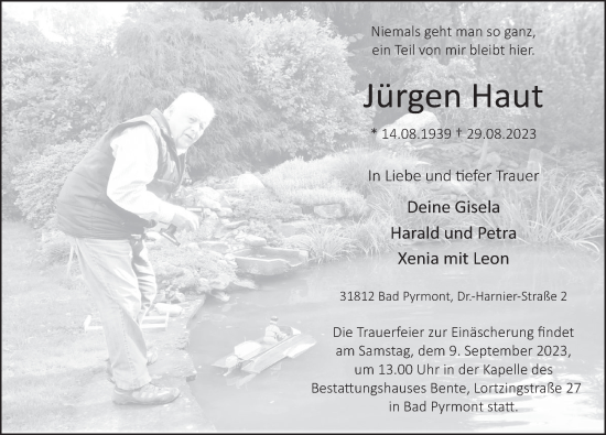 Traueranzeige von Jürgen Haut von Deister- und Weserzeitung