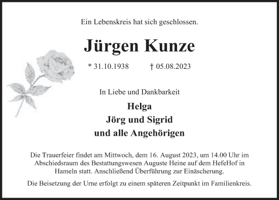 Traueranzeige von Jürgen Kunze von Deister- und Weserzeitung