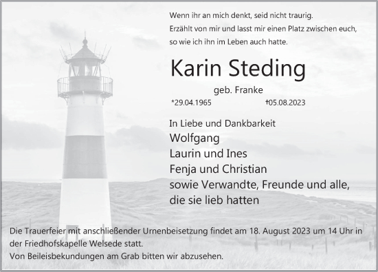 Traueranzeige von Karin Steding von Deister- und Weserzeitung