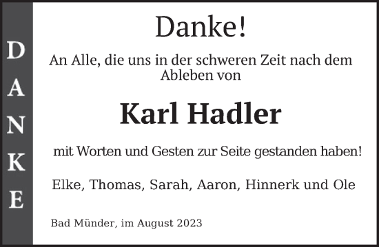 Traueranzeige von Karl Hadler von Neue Deister-Zeitung