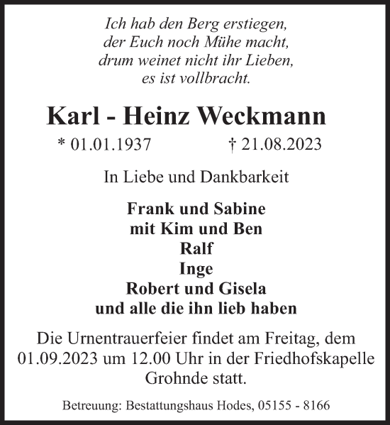 Traueranzeige von Karl-Heinz Weckmann von Deister- und Weserzeitung