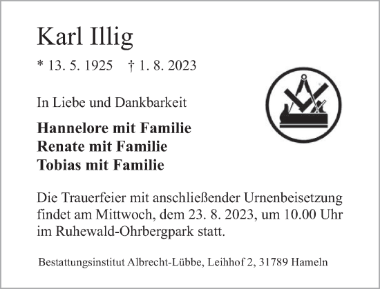 Traueranzeige von Karl Illig von Deister- und Weserzeitung