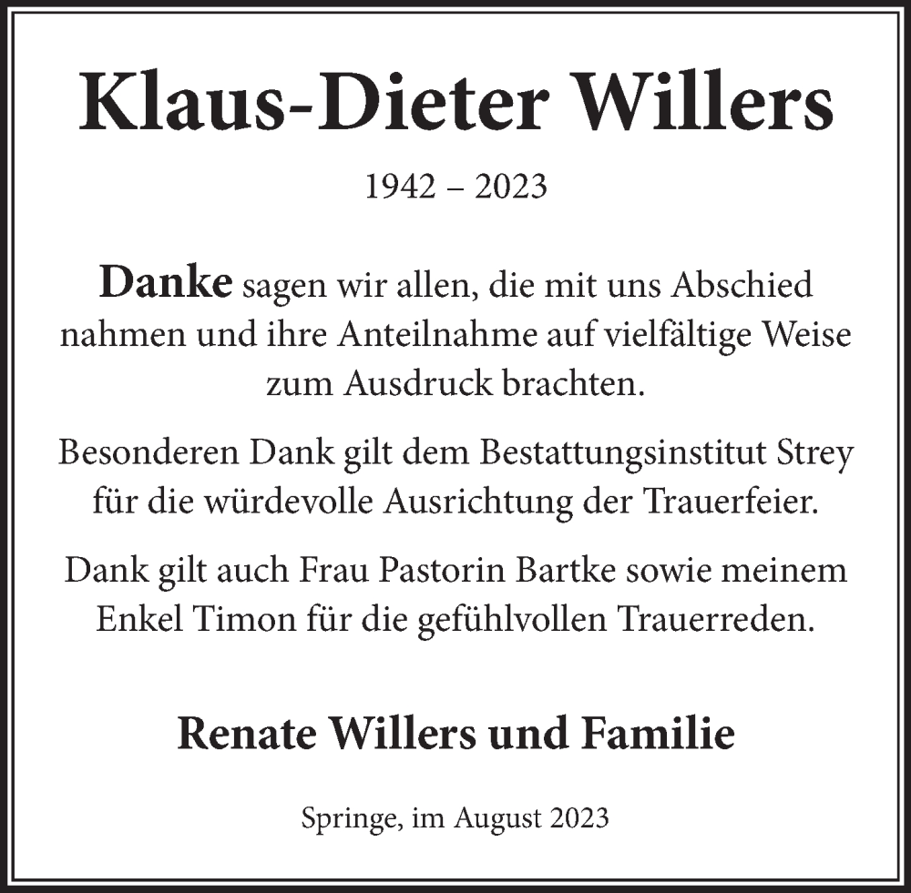  Traueranzeige für Klaus-Dieter Willers vom 12.08.2023 aus Neue Deister-Zeitung