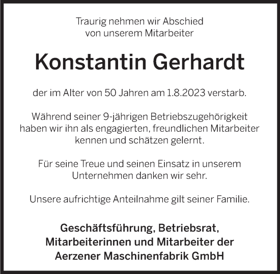 Traueranzeige von Konstantin Gerhardt von Deister- und Weserzeitung