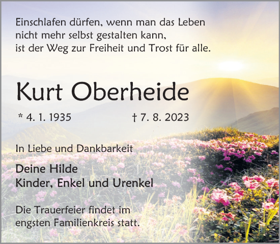 Traueranzeige von Kurt Oberheide von Deister- und Weserzeitung