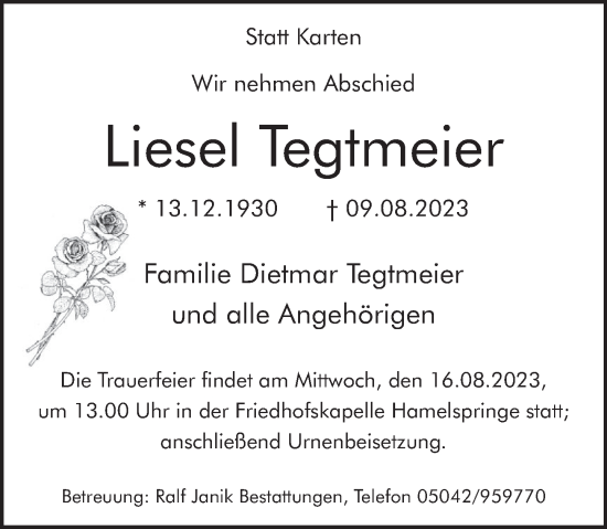 Traueranzeige von Liesel Tegtmeier von Neue Deister-Zeitung