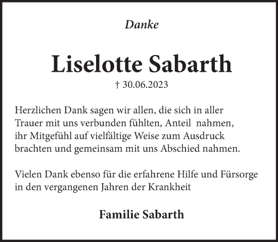 Traueranzeige von Lieselotte Sabarth von Neue Deister-Zeitung