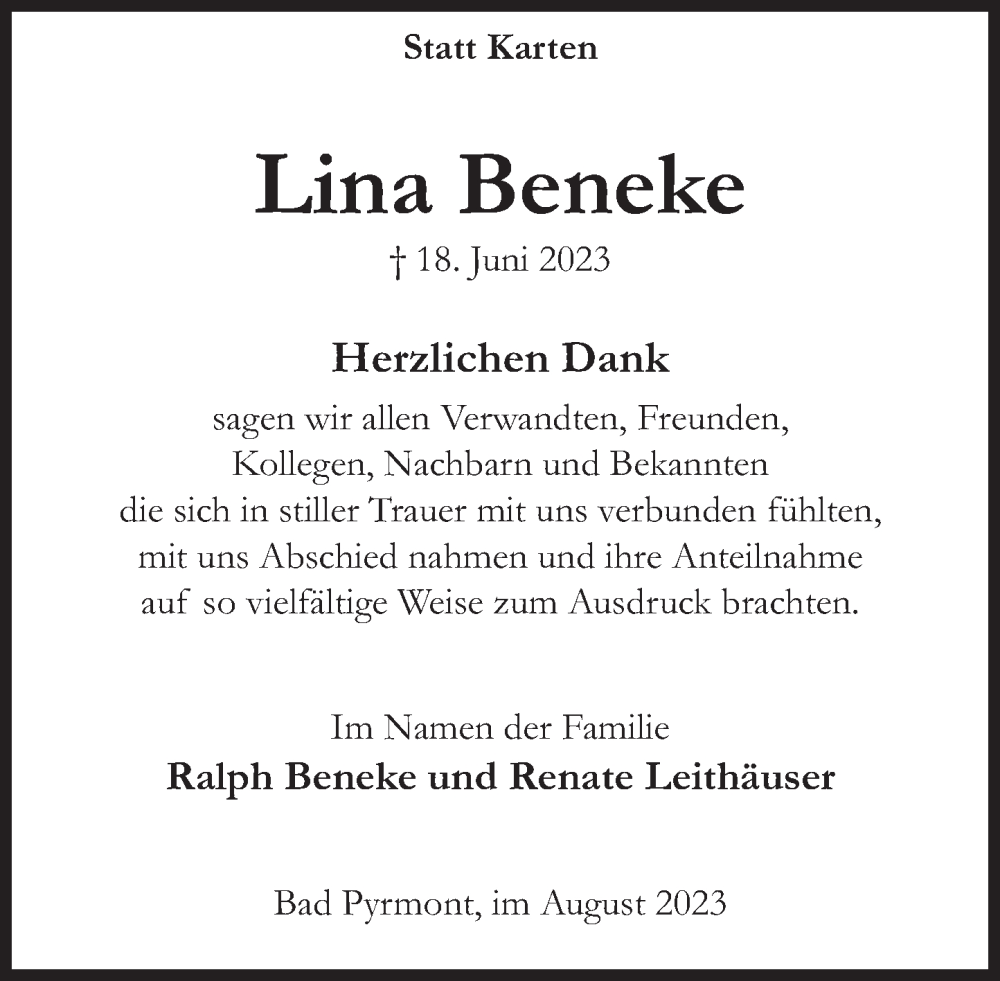  Traueranzeige für Lina Beneke vom 05.08.2023 aus Deister- und Weserzeitung