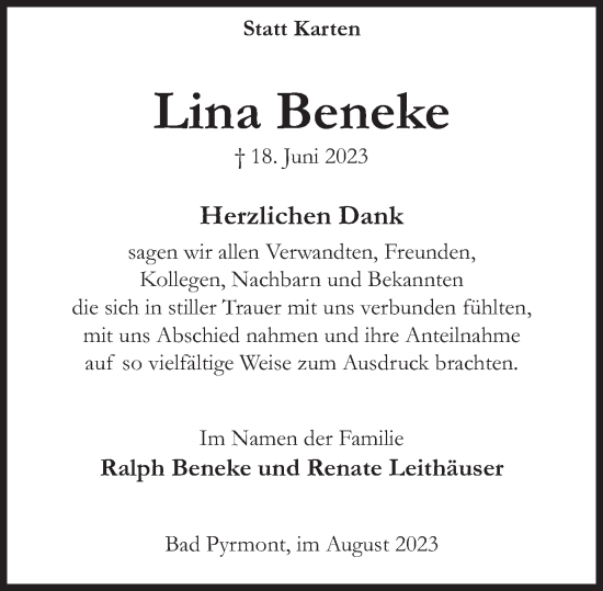 Traueranzeige von Lina Beneke von Deister- und Weserzeitung