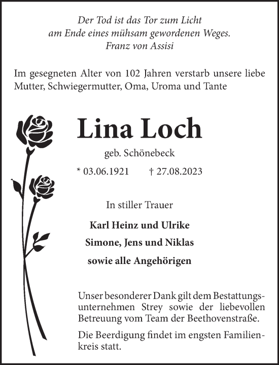 Traueranzeige von Lina Loch von Neue Deister-Zeitung