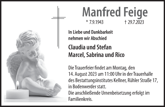 Traueranzeige von Manfred Feige von Deister- und Weserzeitung