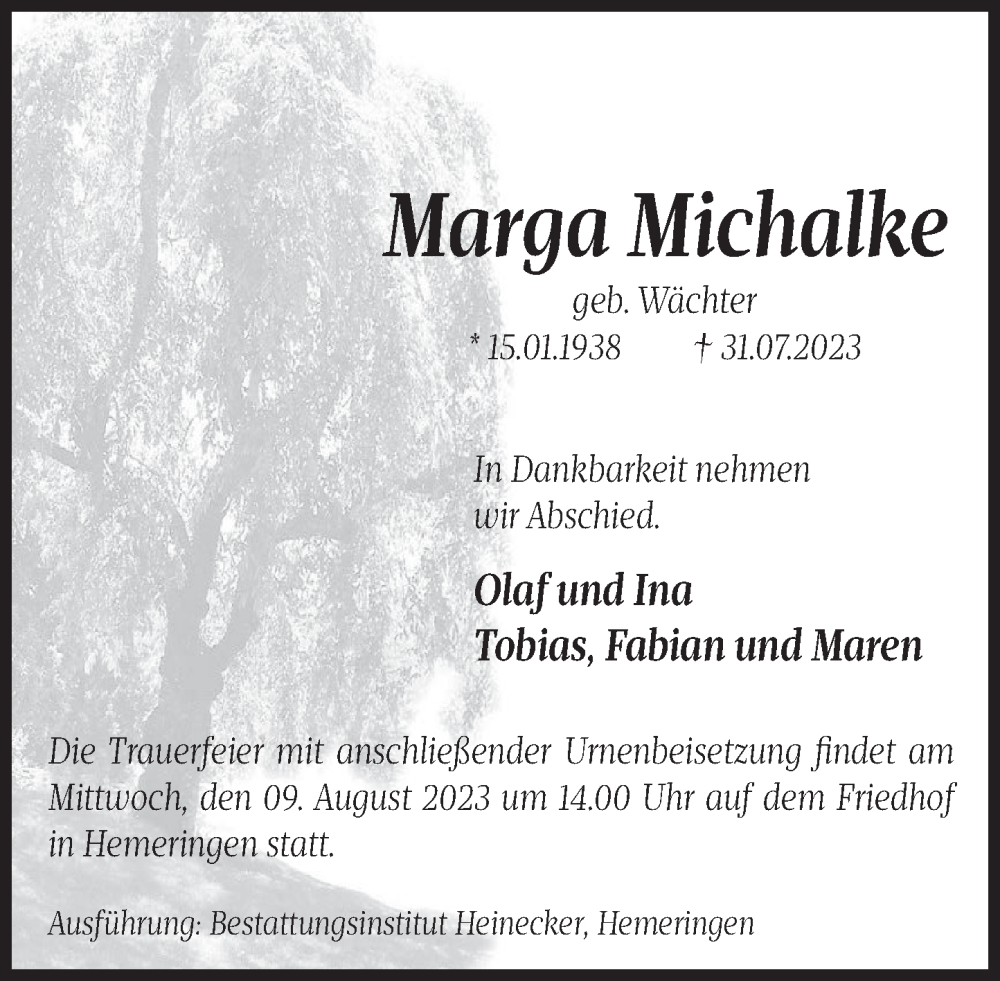  Traueranzeige für Marga Michalke vom 05.08.2023 aus Deister- und Weserzeitung