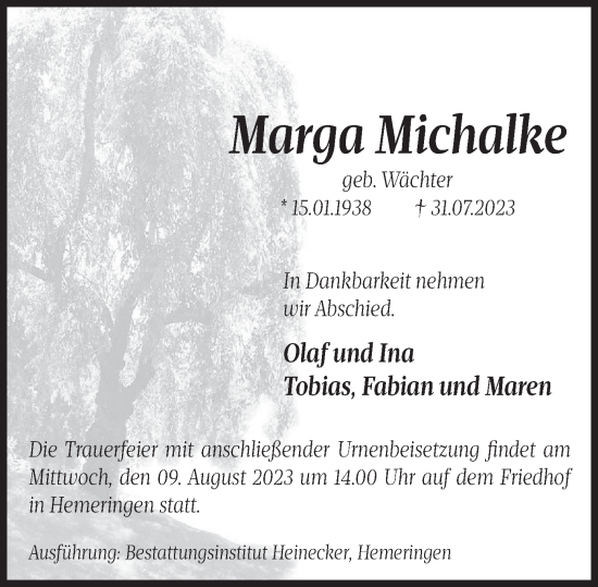 Traueranzeige von Marga Michalke von Deister- und Weserzeitung