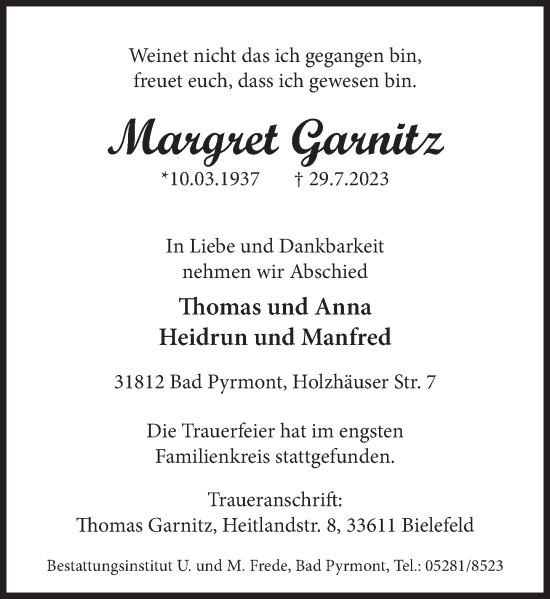 Traueranzeige von Margret Garnitz von Deister- und Weserzeitung