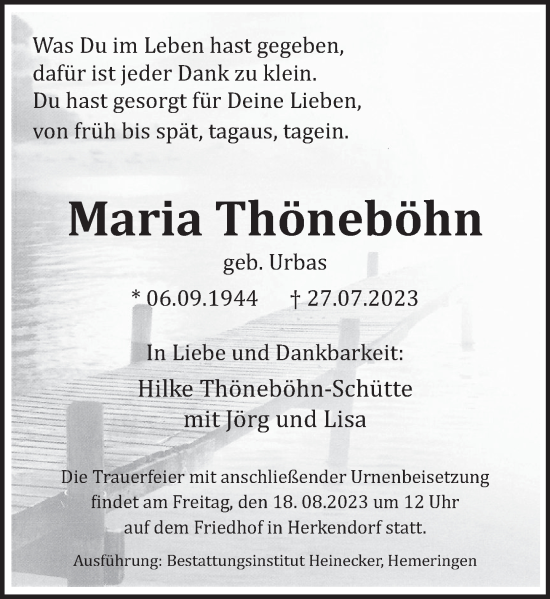 Traueranzeige von Maria Thöneböhn von Deister- und Weserzeitung