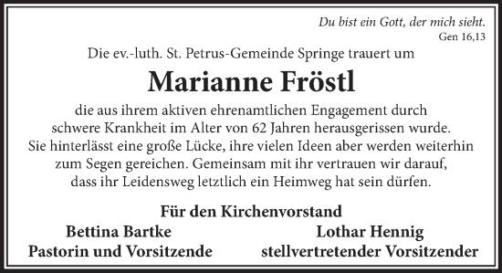 Traueranzeige von Marianne Fröstl von Neue Deister-Zeitung