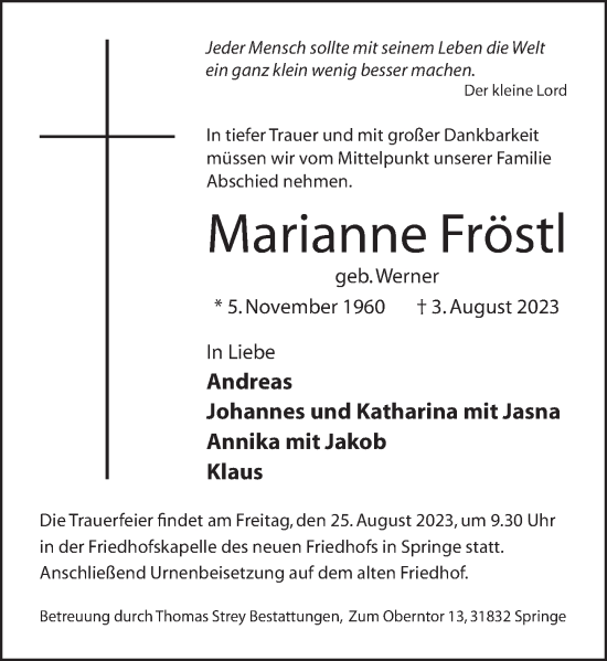 Traueranzeige von Marianne Fröstl von Neue Deister-Zeitung
