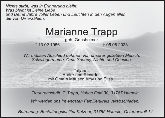 Traueranzeige von Marianne Trapp von Deister- und Weserzeitung