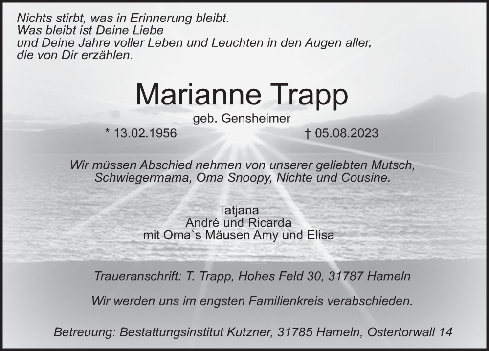  Traueranzeige für Marianne Trapp vom 12.08.2023 aus Deister- und Weserzeitung