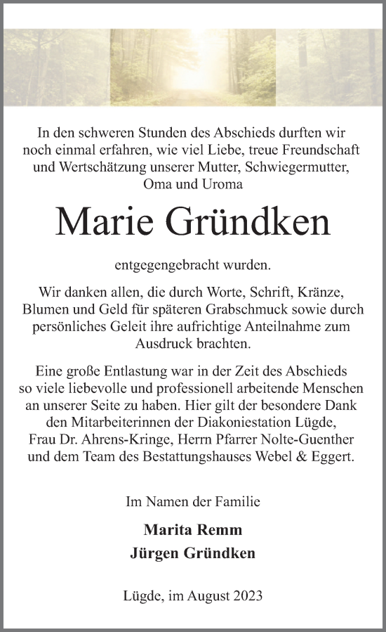 Traueranzeige von Marie Gründken von Deister- und Weserzeitung