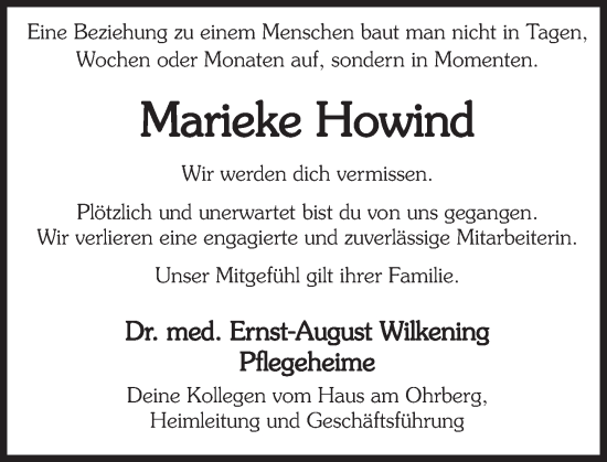 Traueranzeige von Marieke Howind von Deister- und Weserzeitung