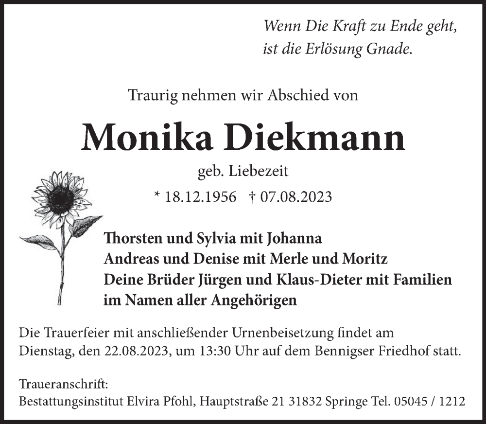  Traueranzeige für Monika Diekmann vom 12.08.2023 aus Neue Deister-Zeitung