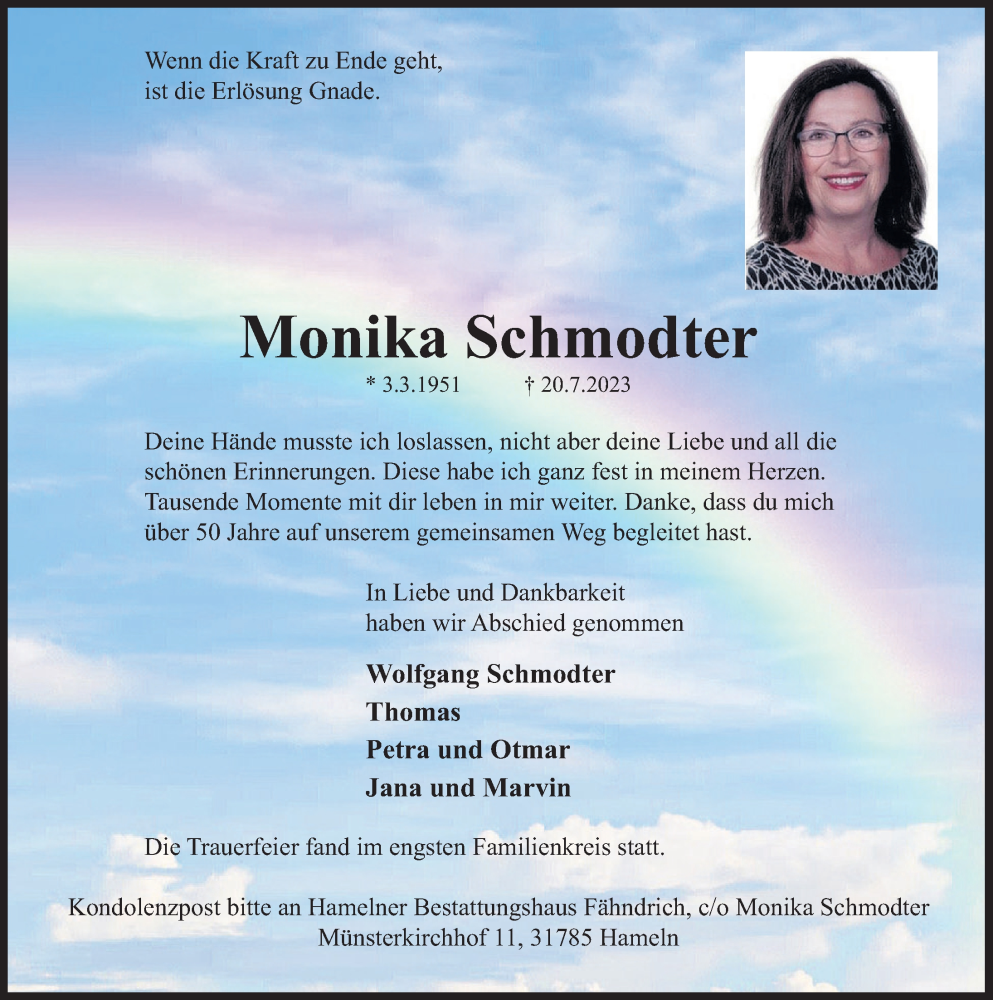  Traueranzeige für Monika Schmodter vom 19.08.2023 aus Deister- und Weserzeitung