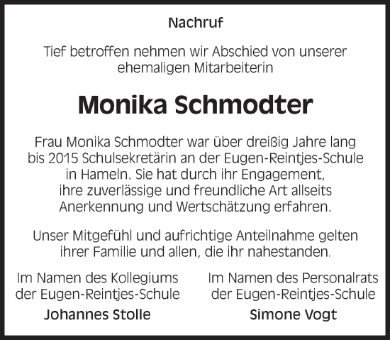 Traueranzeige von Monika Schmodter von Deister- und Weserzeitung
