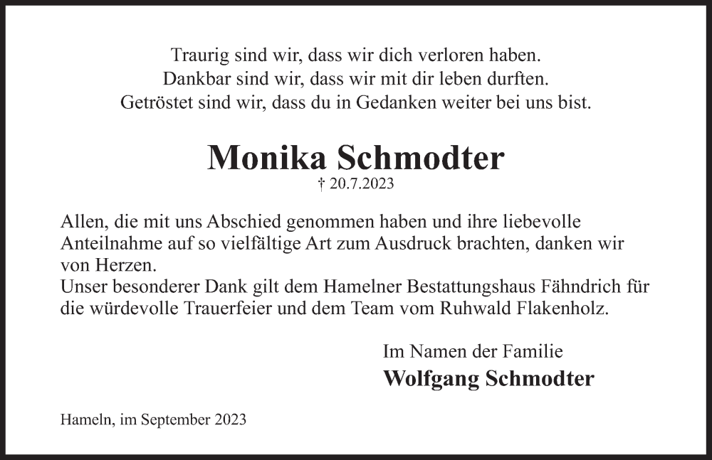  Traueranzeige für Monika Schmodter vom 02.09.2023 aus Deister- und Weserzeitung