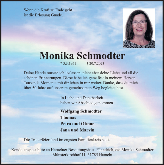 Traueranzeige von Monika Schmodter von Deister- und Weserzeitung