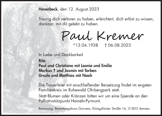 Traueranzeige von Paul Kremer von Deister- und Weserzeitung