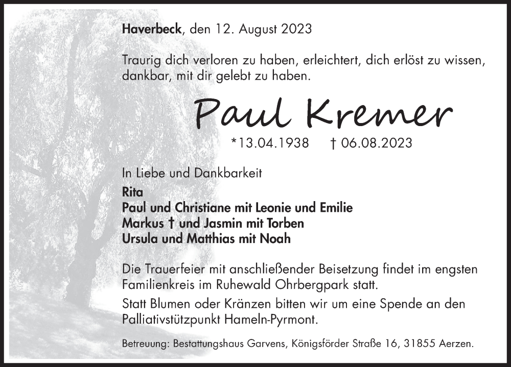  Traueranzeige für Paul Kremer vom 12.08.2023 aus Deister- und Weserzeitung