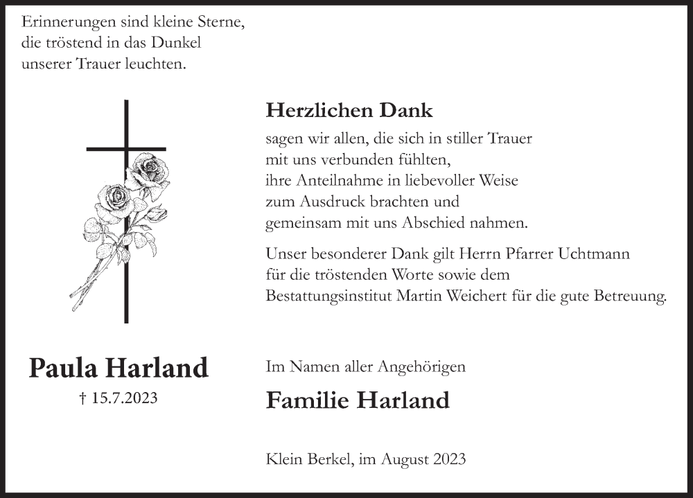  Traueranzeige für Paula Harland vom 19.08.2023 aus Deister- und Weserzeitung