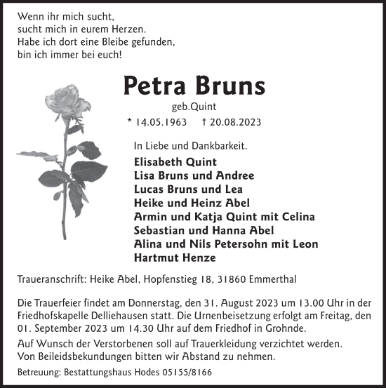 Traueranzeige von Petra Bruns von Deister- und Weserzeitung