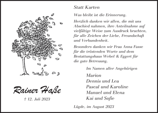 Traueranzeige von Rainer Haße von Deister- und Weserzeitung