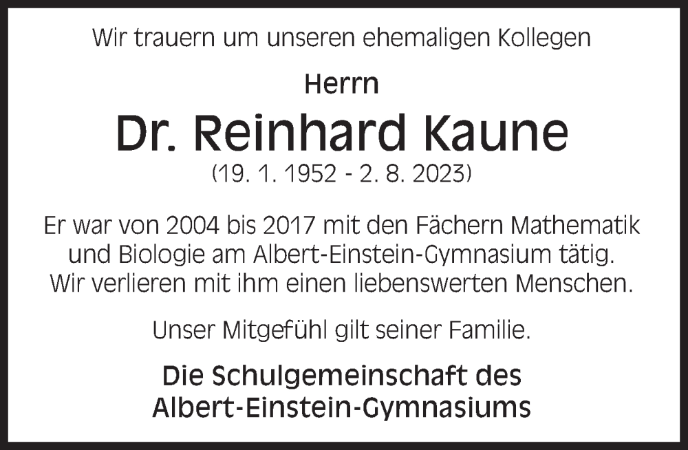  Traueranzeige für Reinhard Kaune vom 26.08.2023 aus Deister- und Weserzeitung