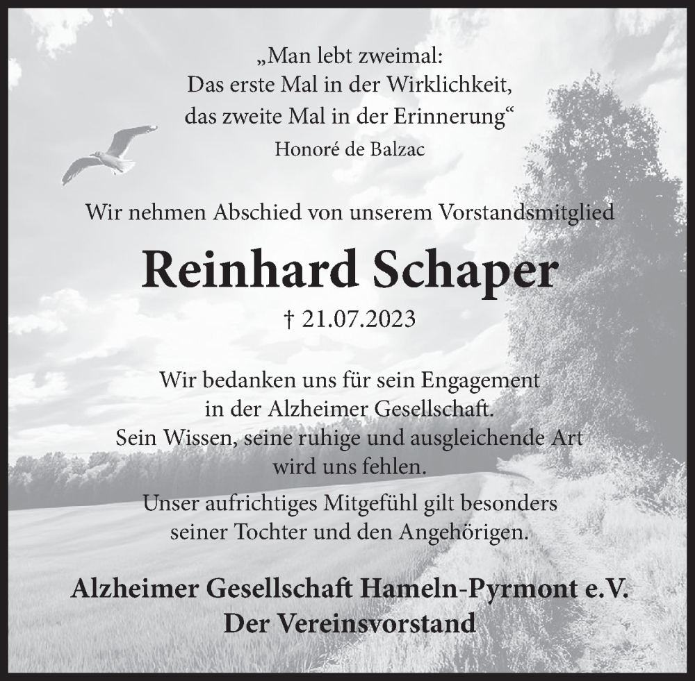  Traueranzeige für Reinhard Schaper vom 05.08.2023 aus Deister- und Weserzeitung