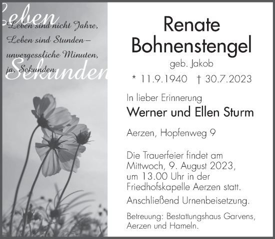 Traueranzeige von Renate Bohnenstengel von Deister- und Weserzeitung