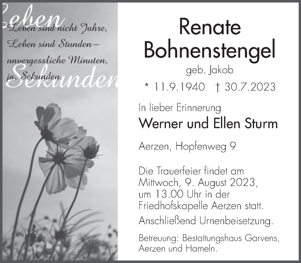  Traueranzeige für Renate Bohnenstengel vom 05.08.2023 aus Deister- und Weserzeitung