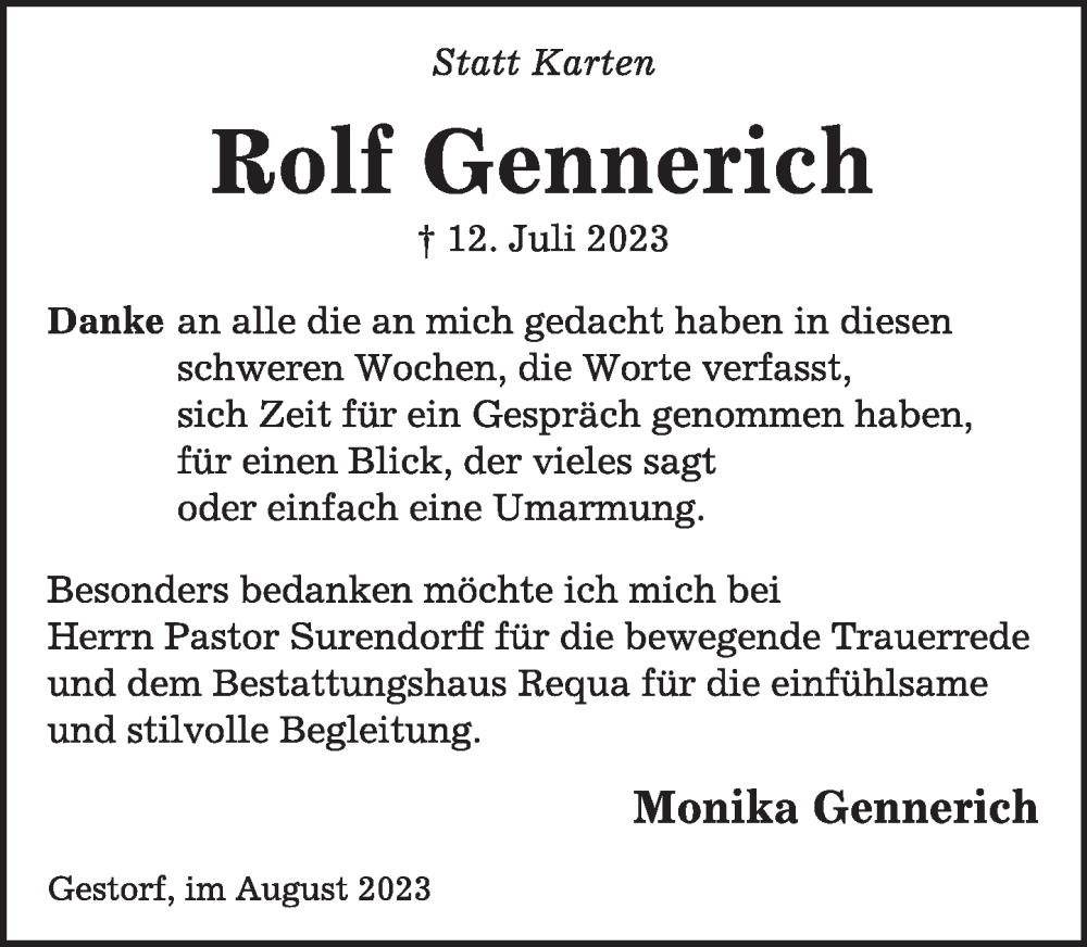  Traueranzeige für Rolf Gennerich vom 05.08.2023 aus Neue Deister-Zeitung