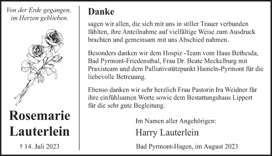 Traueranzeige von Rosemarie Lauterlein von Deister- und Weserzeitung