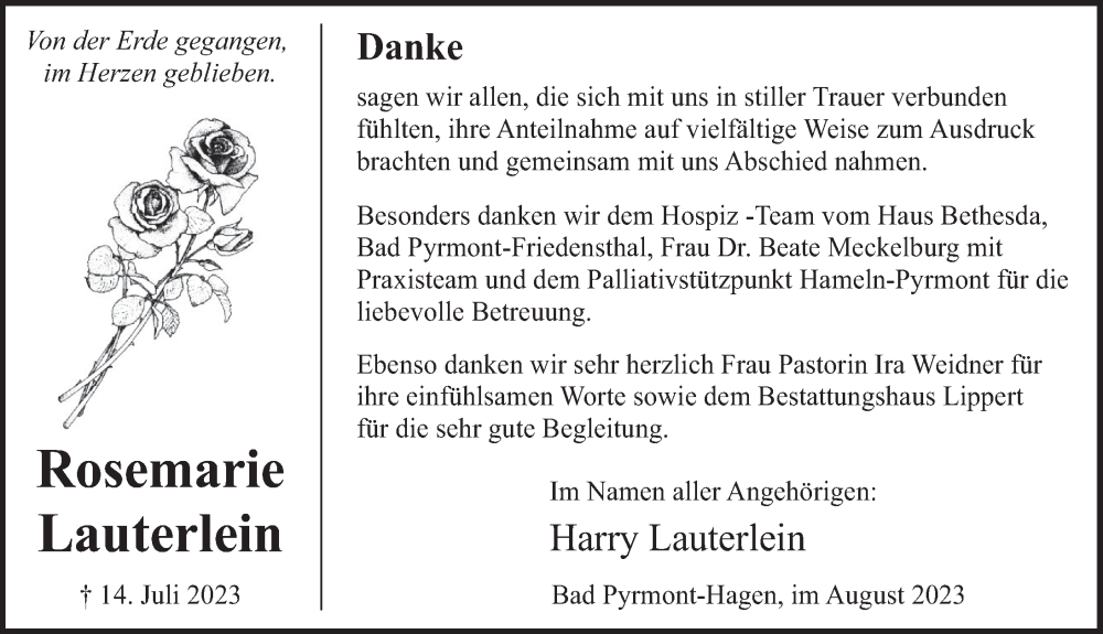  Traueranzeige für Rosemarie Lauterlein vom 26.08.2023 aus Deister- und Weserzeitung
