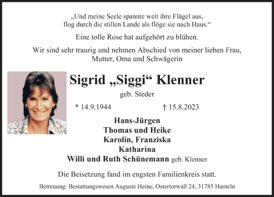 Traueranzeige von Sigrid Klenner von Deister- und Weserzeitung
