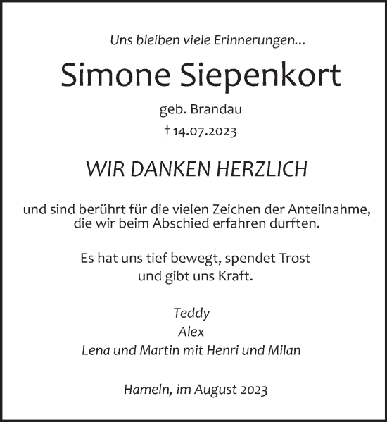 Traueranzeige von Simone Siepenkort von Deister- und Weserzeitung
