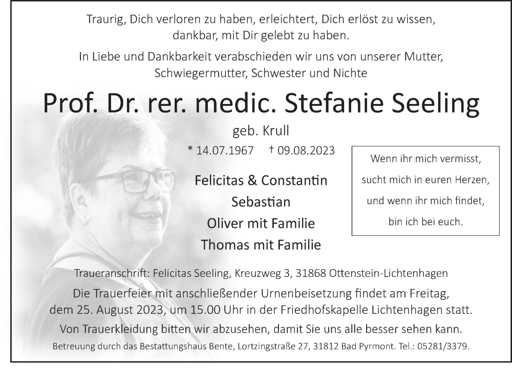  Traueranzeige für Stefanie Seeling vom 19.08.2023 aus Deister- und Weserzeitung