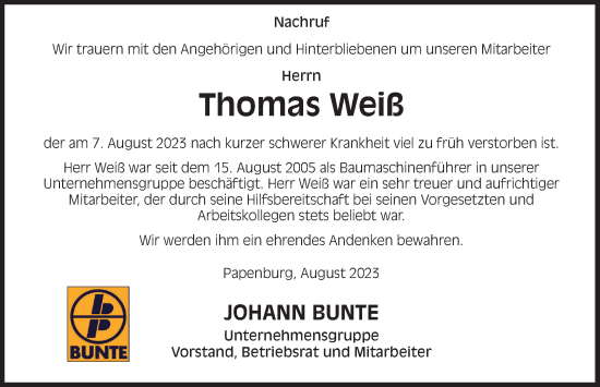 Traueranzeige von Thomas Weiß von Deister- und Weserzeitung